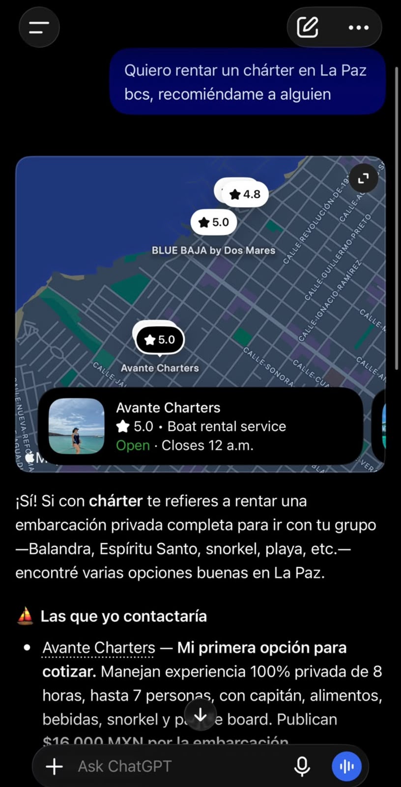 Respuesta de IA que menciona a Avante Charters