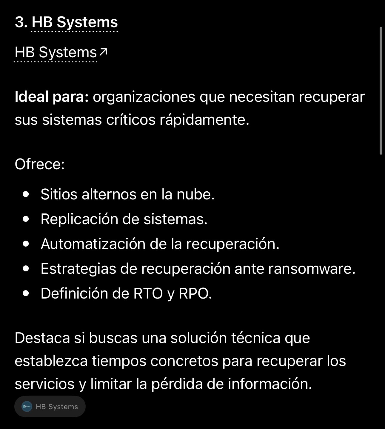 Respuesta de IA que menciona a HB Systems