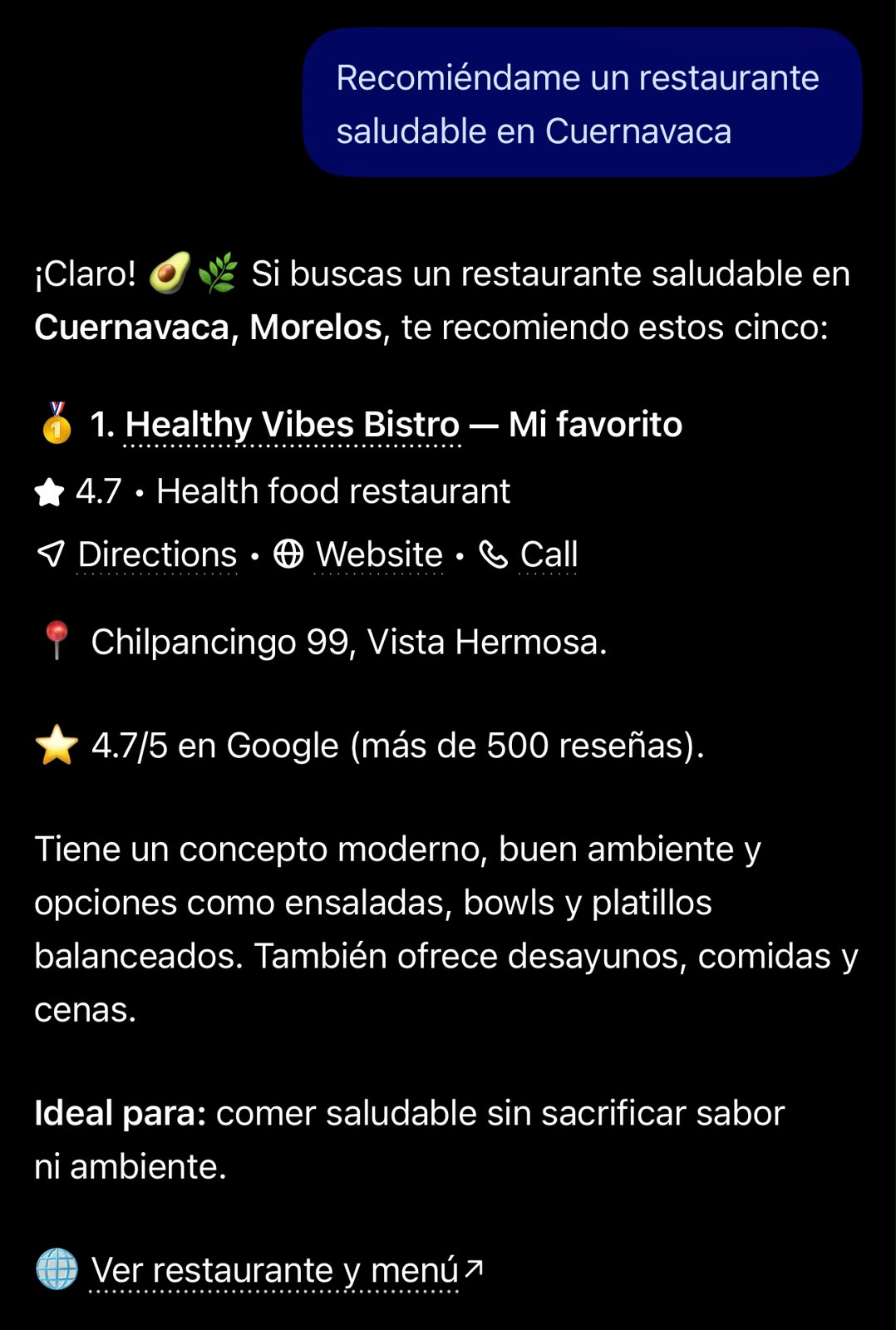 Respuesta de IA que menciona a Healthy Vibes Bistro