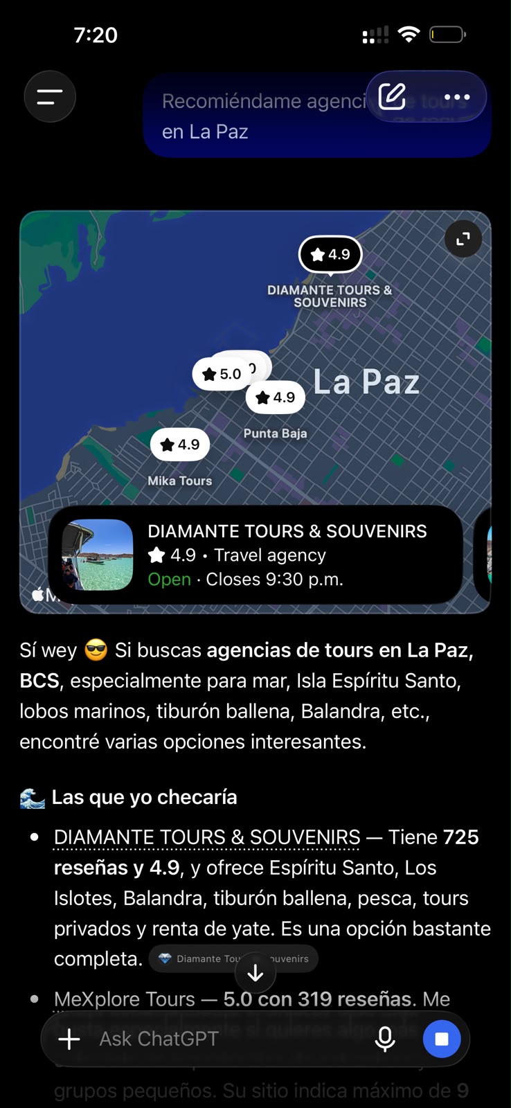 Respuesta de IA que menciona a Diamante Tours